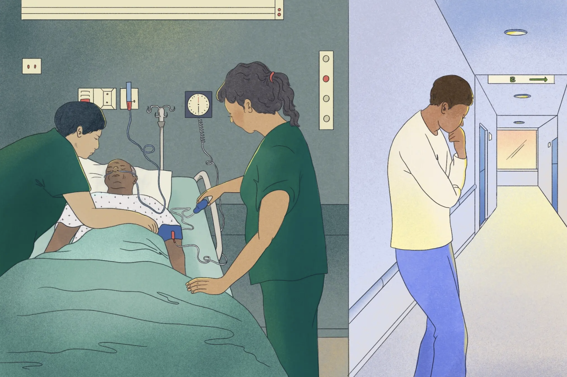 Illustration of doctors administering care to a patient while a loved one despairs nearby