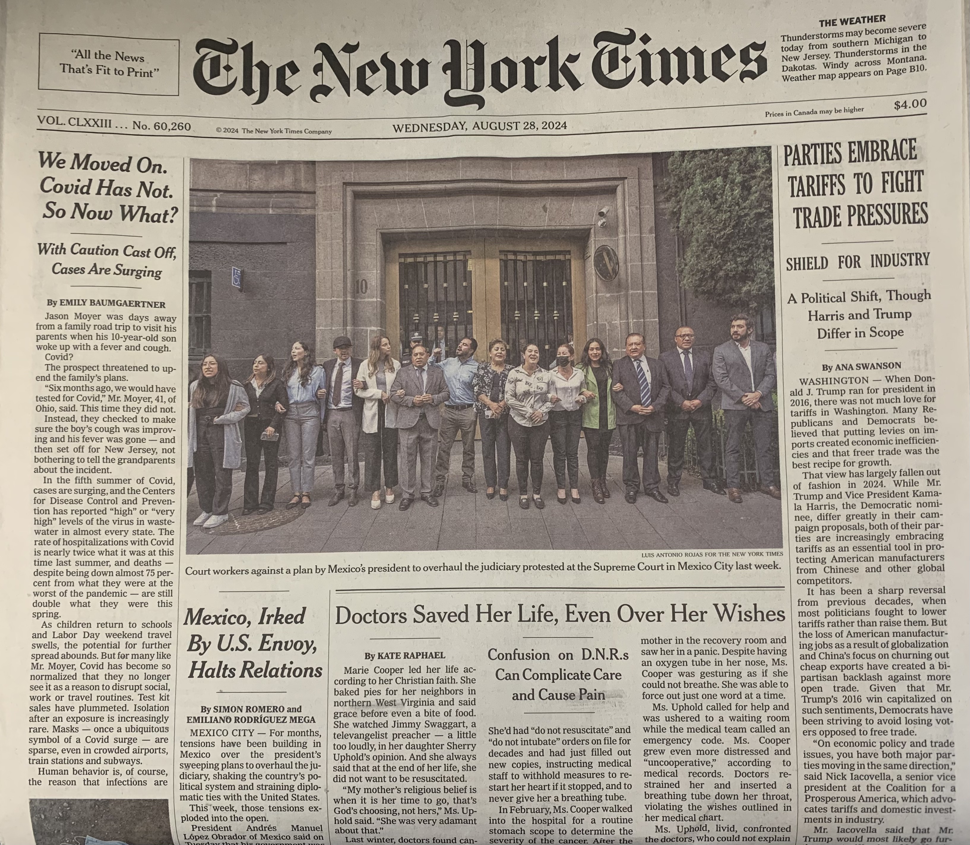 Front page of the New York Times print edition, August 28, 2024